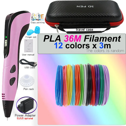 3D Printing Pen Set for Children with LCD Screen Power Adapter 30Color PLA Filament Travel Case Birthday Christmas Gift for Kids