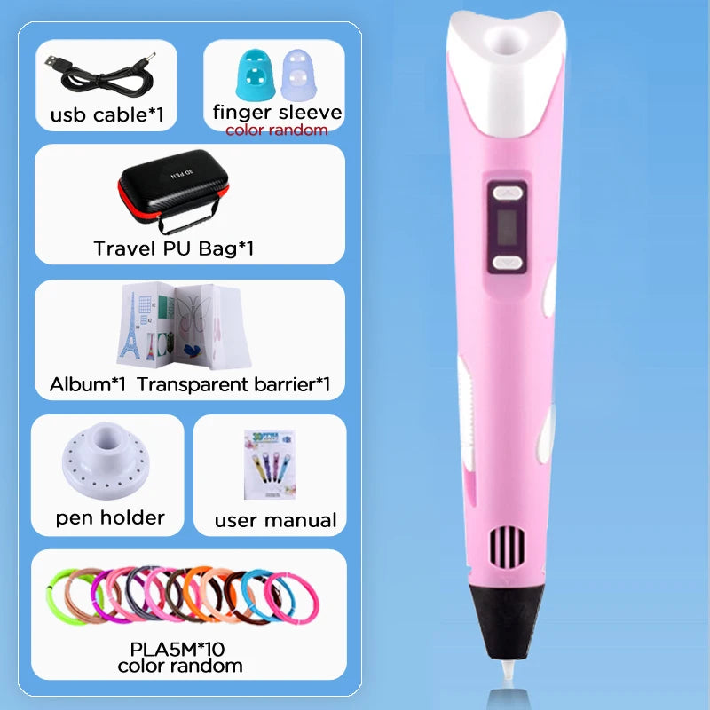 3D Pen for Kids Children 3D Drawing Printing Pen with LCD Screen Power Adapter 200M PLA Filament DIY Gift for Christmas Birthday