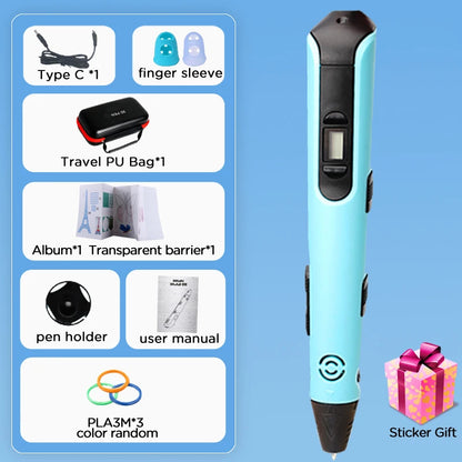 3D Pen for Children 3D Printing Pen with LED Screen 100M PLA 3M 40 Colors USB With Storage Box Christmas Birthday Gift for Kids