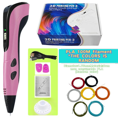 Third-Generation Super 3D Pen, with 1.75mm PLA Filament, LED Display, 3D Printing Pen, Children's Birthday or Christmas Gift
