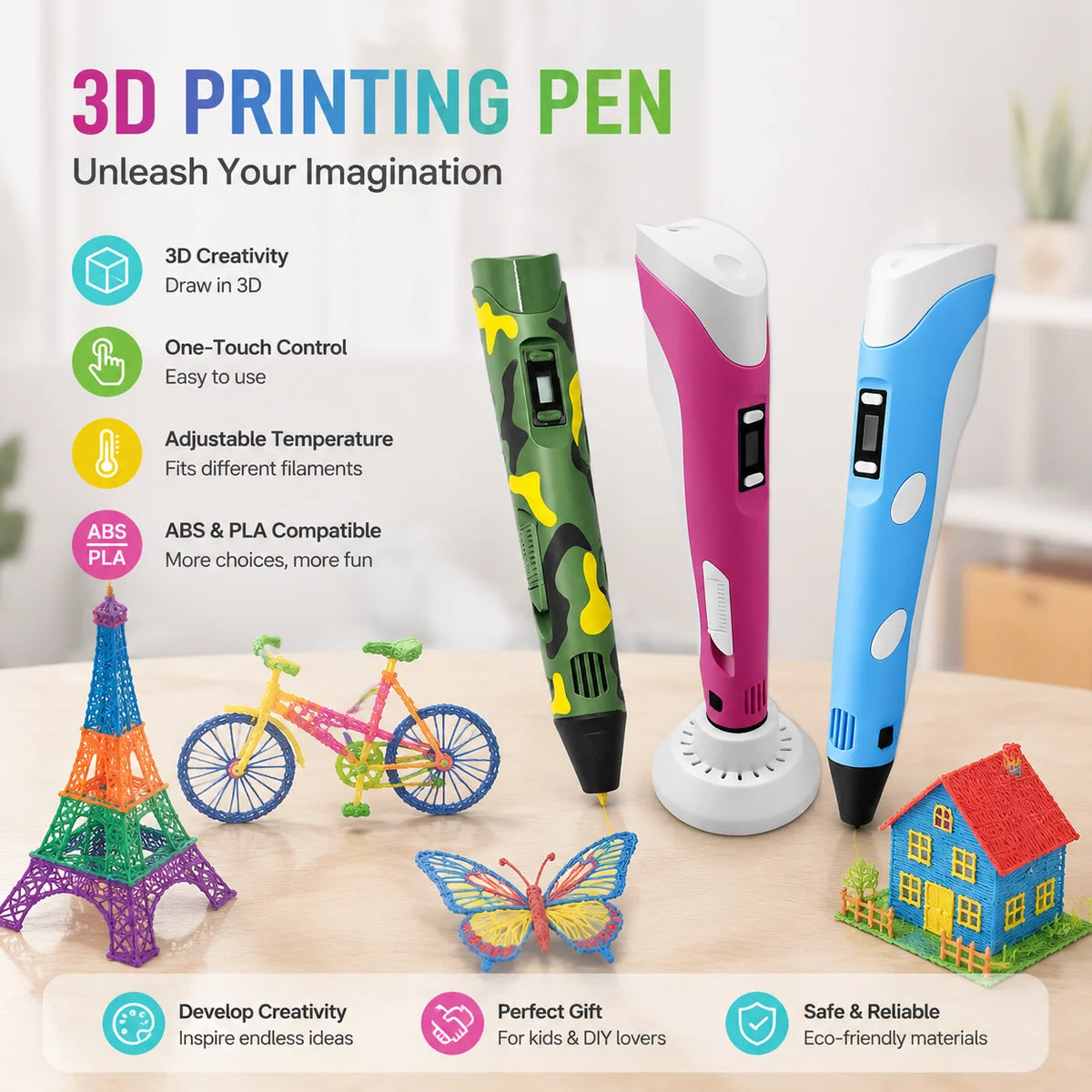 High-Temperature 3D Printing Pen with9M PLA Filament Creative Graffiti Drawing Toy Pen for Ages 8+ Ideal Christmas Birthday Gift