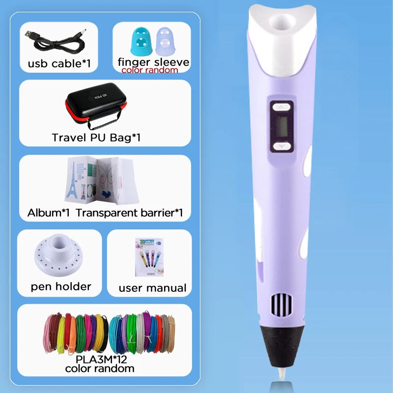 3D Pen for Kids Children 3D Drawing Printing Pen with LCD Screen Power Adapter 200M PLA Filament DIY Gift for Christmas Birthday