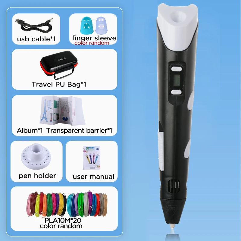 3D Pen for Kids Children 3D Drawing Printing Pen with LCD Screen Power Adapter 200M PLA Filament DIY Gift for Christmas Birthday