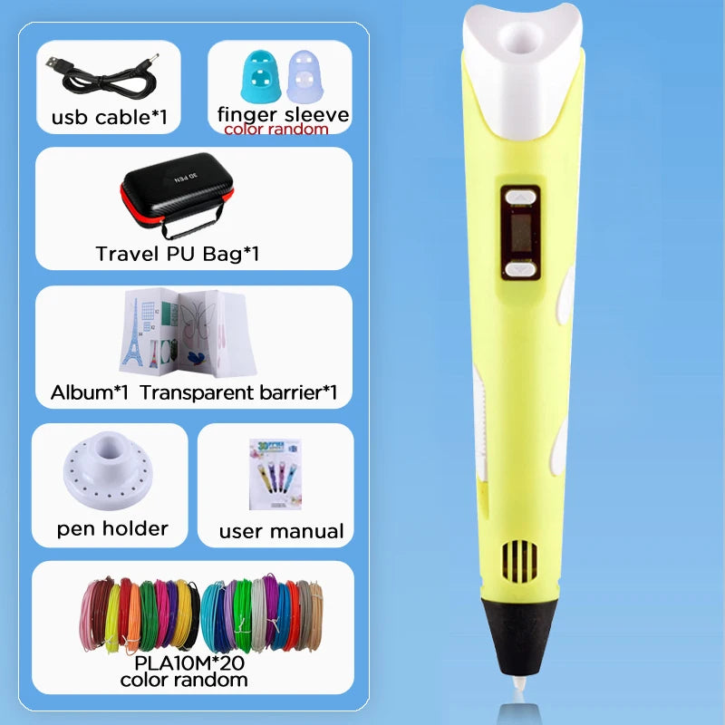 3D Pen for Kids Children 3D Drawing Printing Pen with LCD Screen Power Adapter 200M PLA Filament DIY Gift for Christmas Birthday