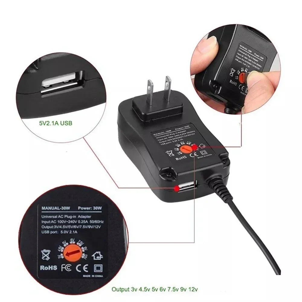 30W Adapter 3V 4.5V 5V 6V 7.5V 9V 12V Adjustable Voltage Power Adapters EU/US USB Universal Charger Supply Converter With 8 Tip