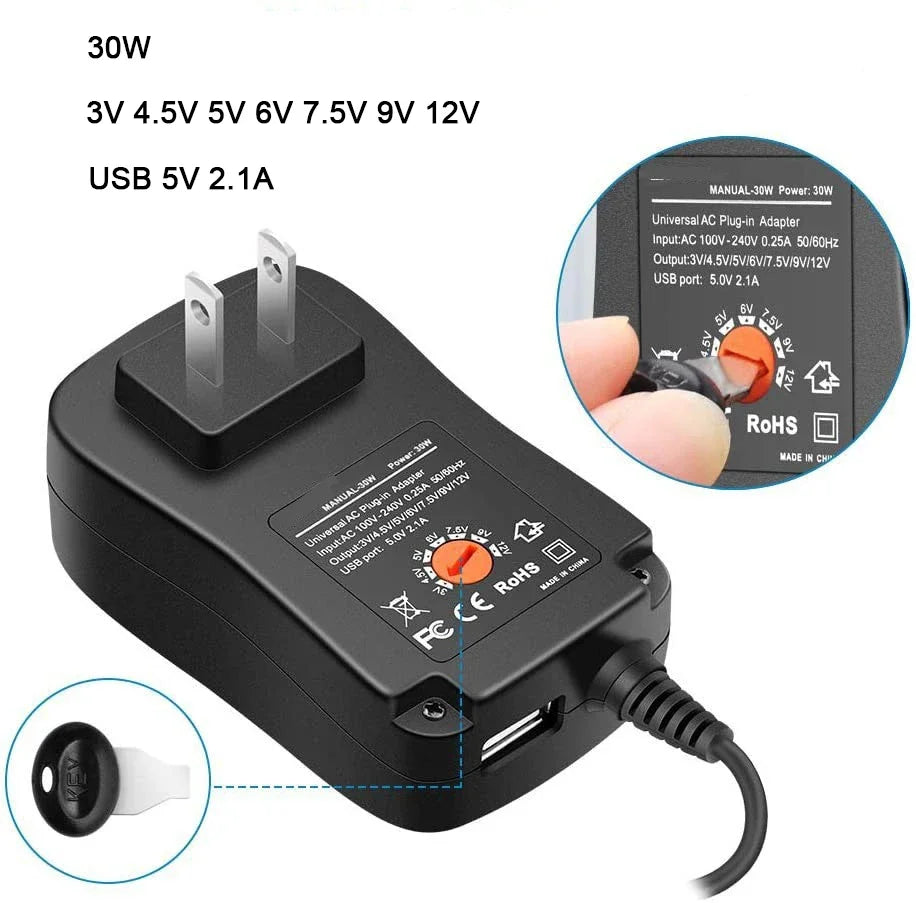 DC 3V 4.5V 5V 6V 7.5V 9V 12V 30W Adapter US EU UK AU Adjustable Power Adapters USB 2.1A Universal Charger Switch Power Supply