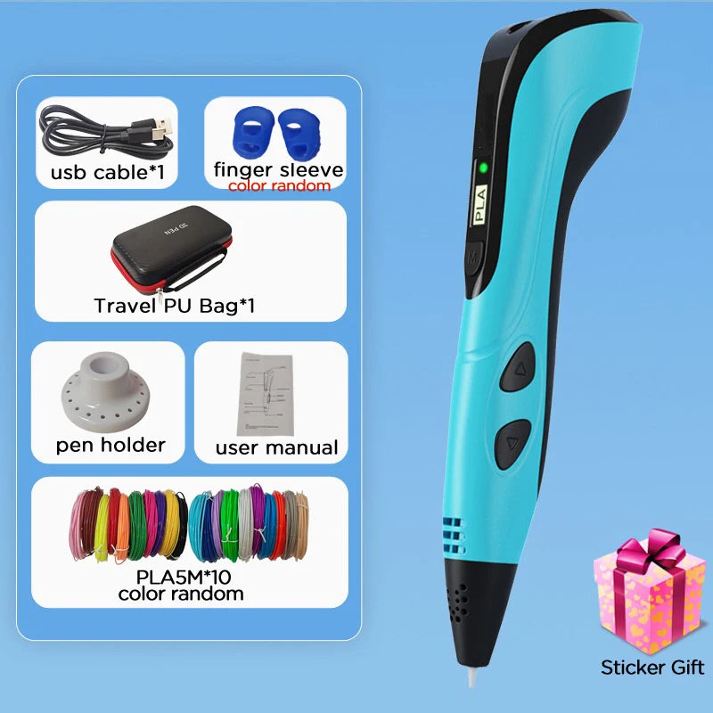 3D Pen Set For Children 3D Printing Pen with LED Screen 100M PLA Power Adapter Travel Box Christmas Birthday Gift for Kids