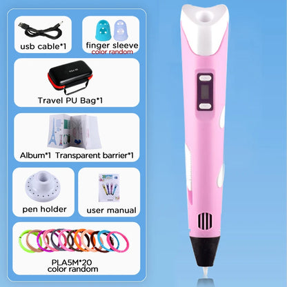 3D Pen for Kids Children 3D Drawing Printing Pen with LCD Screen Power Adapter 200M PLA Filament DIY Gift for Christmas Birthday