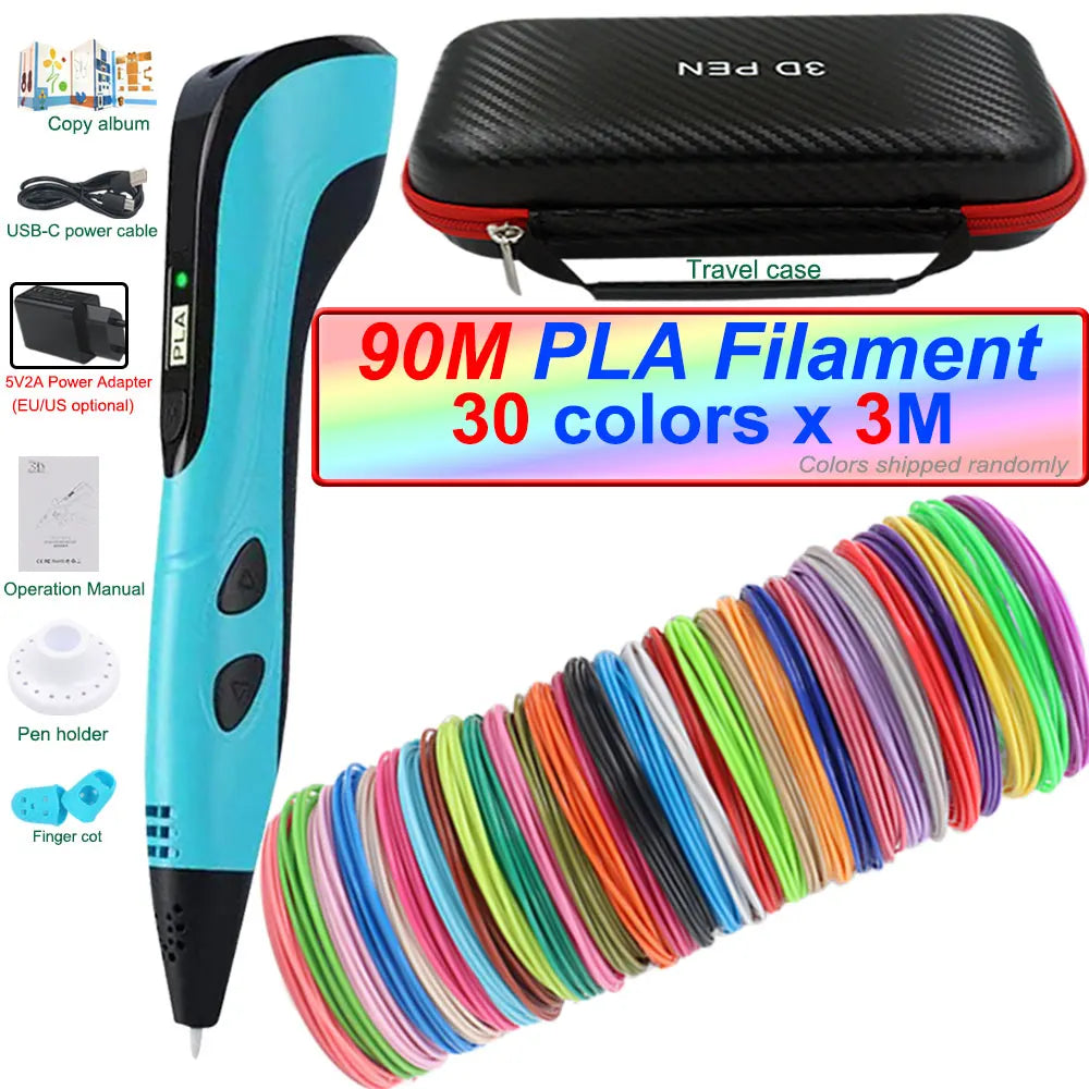 2026 New 3D Printing Pen 3D Pen for Children with Power Adapter 200M PLA Filament Travel Case Birthday Christmas Gift for Kids