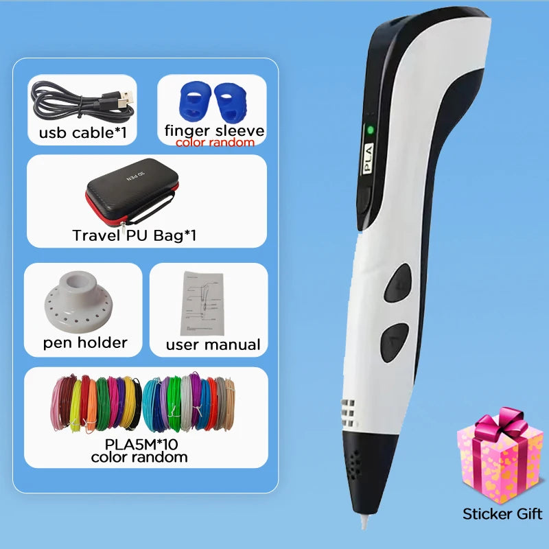 3D Printing Pen Children DIY Drawing Pen LED Screen Power Supply Adapter Travel Carry Box 100M PLA Birthday Christmas Gift Kids