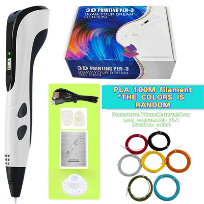 Third-Generation Super 3D Pen, with 1.75mm PLA Filament, LED Display, 3D Printing Pen, Children's Birthday or Christmas Gift