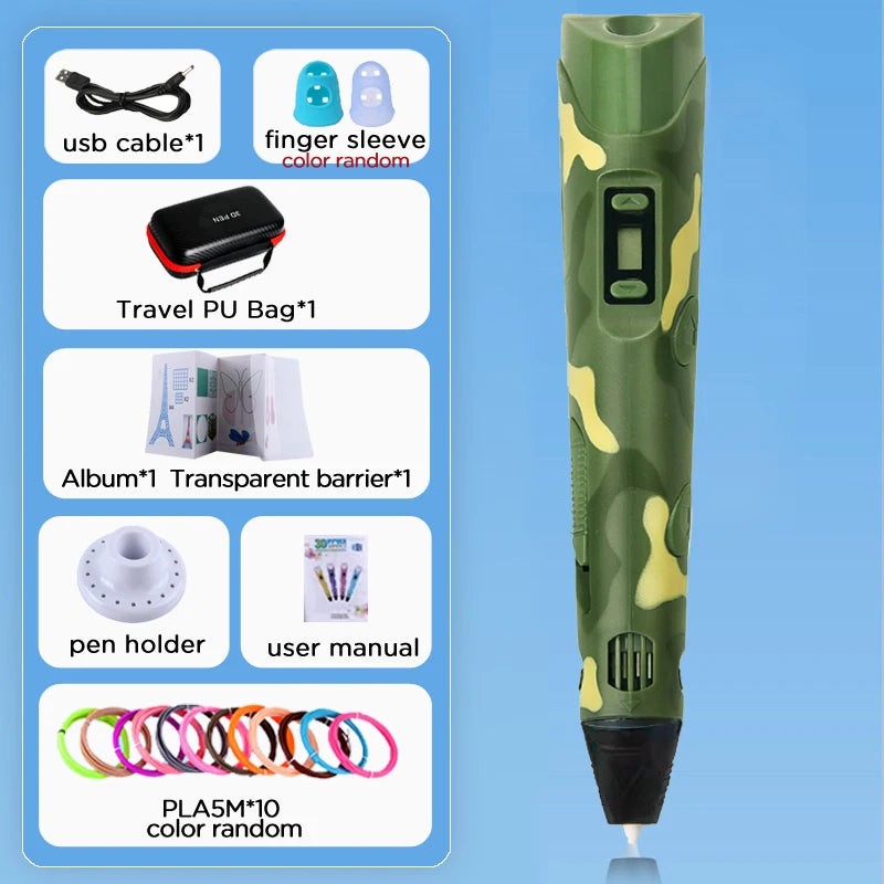 3D Pen for Kids Children 3D Drawing Printing Pen with LCD Screen Power Adapter 200M PLA Filament DIY Gift for Christmas Birthday
